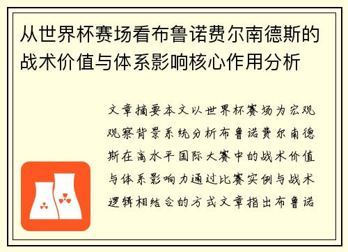 从世界杯赛场看布鲁诺费尔南德斯的战术价值与体系影响核心作用分析