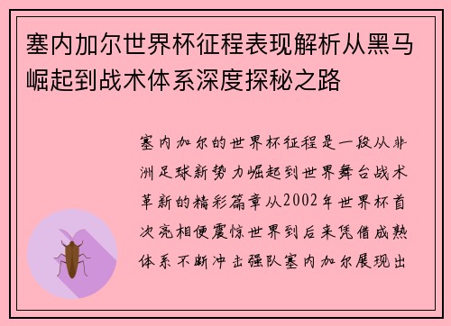 塞内加尔世界杯征程表现解析从黑马崛起到战术体系深度探秘之路